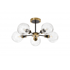 Mingle 5 Light IP44 Semi-Flush in Brass & Satin Black with Crackled Clear Glass Shades