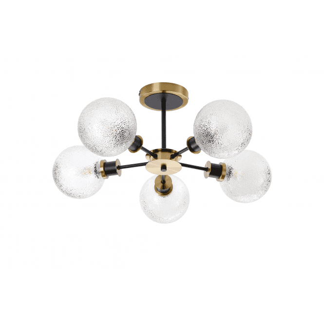 Mingle 5 Light IP44 Semi-Flush in Brass & Satin Black with Dimpled Clear Glass Shades