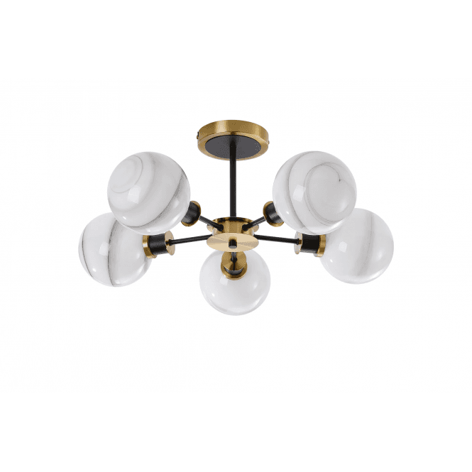 Mingle 5 Light IP44 Semi-Flush in Brass & Satin Black with Marble Effect Glass Shades