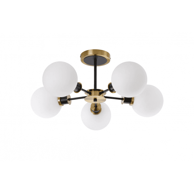 Mingle 5 Light IP44 Semi-Flush in Brass & Satin Black with Opal Glass Shades