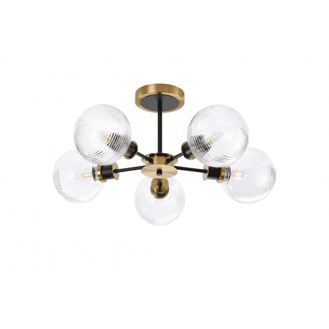 Mingle 5 Light IP44 Semi-Flush in Brass & Satin Black with Ribbed Clear Glass Shades
