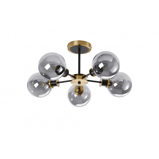 Mingle 5 Light IP44 Semi-Flush in Brass & Satin Black with Smoke Plated Glass Shades