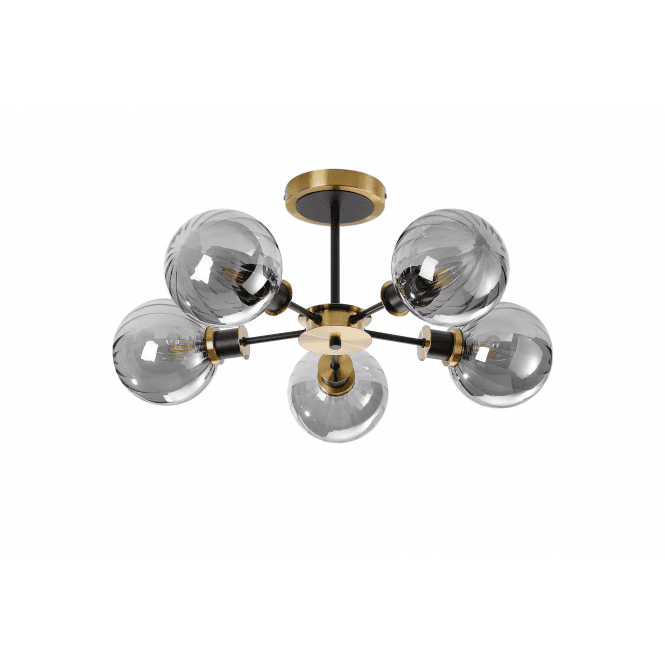 Mingle 5 Light IP44 Semi-Flush in Brass & Satin Black with Smoke Plated Segment Glass Shades