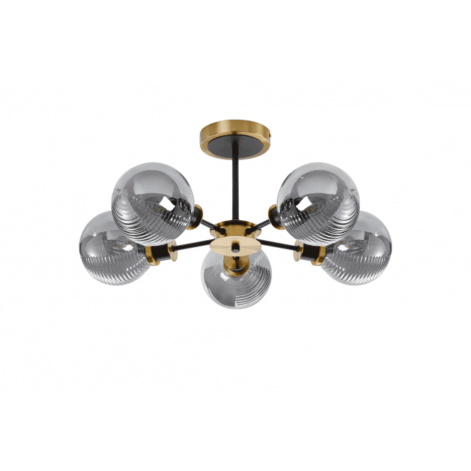 Mingle 5 Light IP44 Semi-Flush in Brass & Satin Black with Smoke Plated Smooth/Ribbed Glass Shades