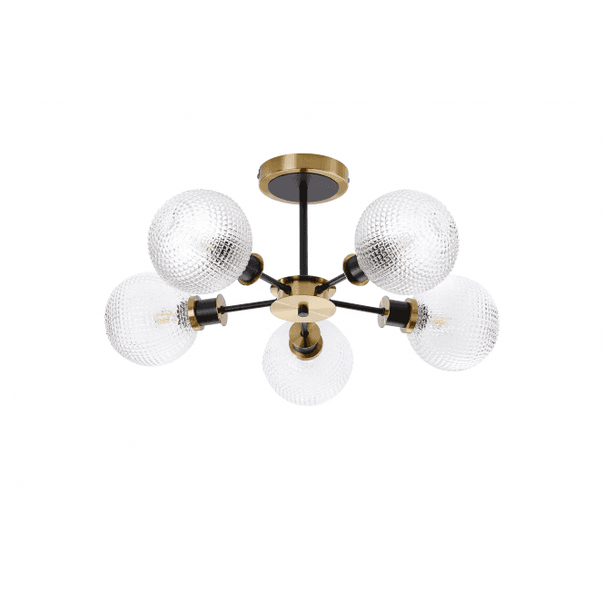 Mingle 5 Light IP44 Semi-Flush in Brass & Satin Black with Textured Diamond Pattern Clear Glass Shades
