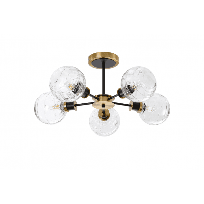 Mingle 5 Light IP44 Semi-Flush in Brass & Satin Black with Textured Melting Clear Glass Shades