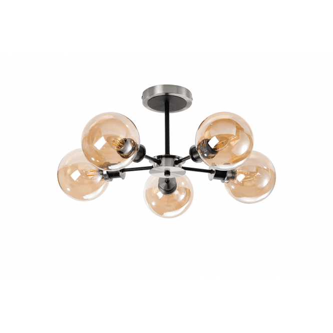 Mingle 5 Light IP44 Semi-Flush in Satin Nickel & Satin Black with Amber Plated Glass Shades