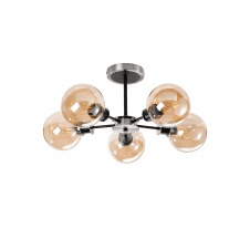Mingle 5 Light IP44 Semi-Flush in Satin Nickel & Satin Black with Amber Plated Glass Shades