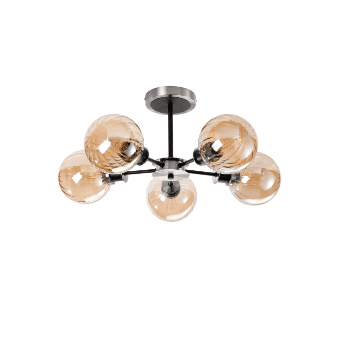 Mingle 5 Light IP44 Semi-Flush in Satin Nickel & Satin Black with Amber Plated Segment Glass Shades