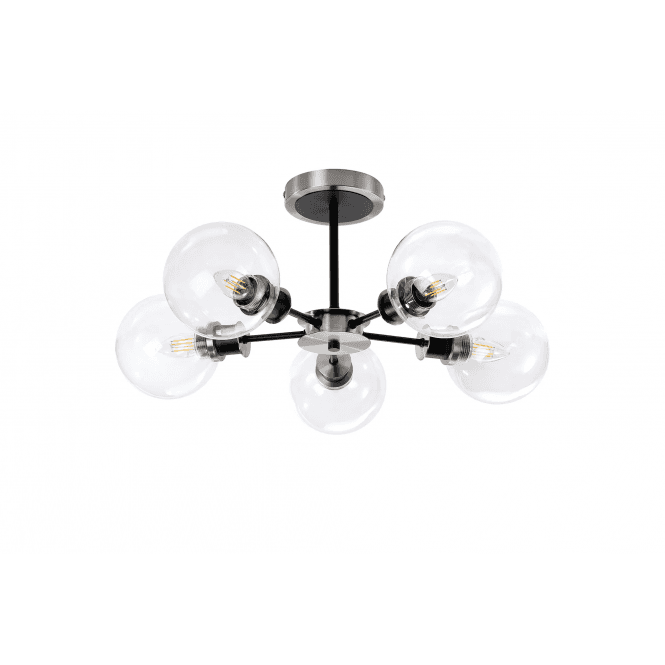 Mingle 5 Light IP44 Semi-Flush in Satin Nickel & Satin Black with Clear Glass Shades