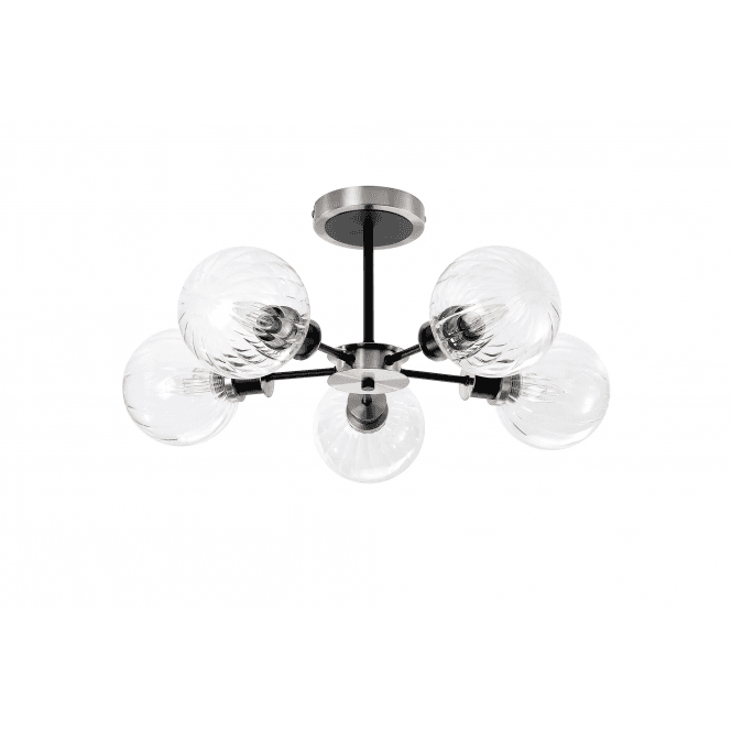Mingle 5 Light IP44 Semi-Flush in Satin Nickel & Satin Black with Clear Segment Glass Shades