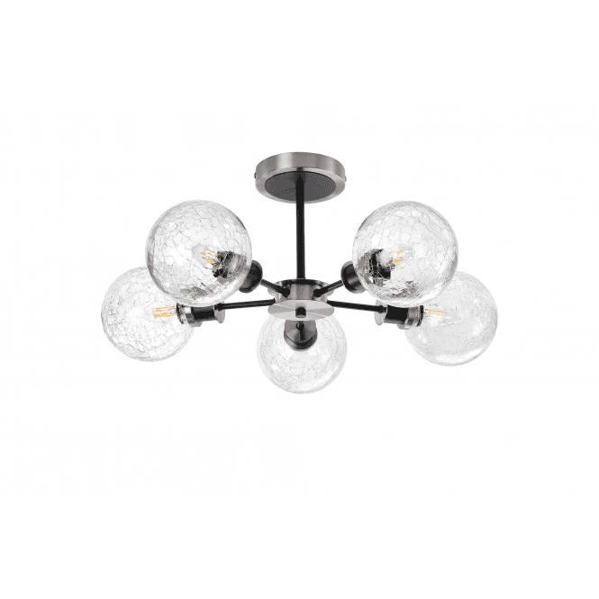 Mingle 5 Light IP44 Semi-Flush in Satin Nickel & Satin Black with Crackled Clear Glass Shades