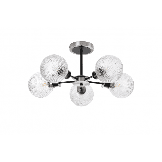 Mingle 5 Light IP44 Semi-Flush in Satin Nickel & Satin Black with Diamond Pattern Clear Glass Shades