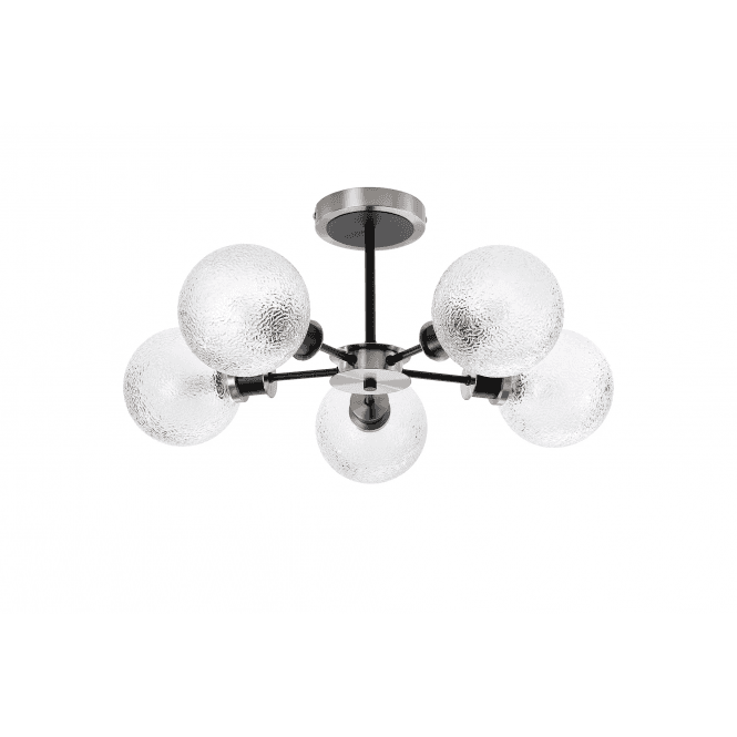 Mingle 5 Light IP44 Semi-Flush in Satin Nickel & Satin Black with Dimpled Clear Glass Shades
