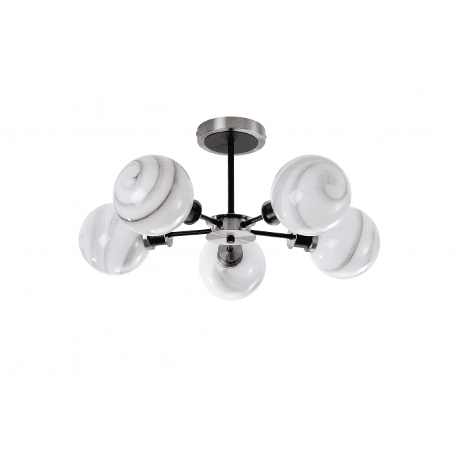 Mingle 5 Light IP44 Semi-Flush in Satin Nickel & Satin Black with Marble Effect Glass Shades