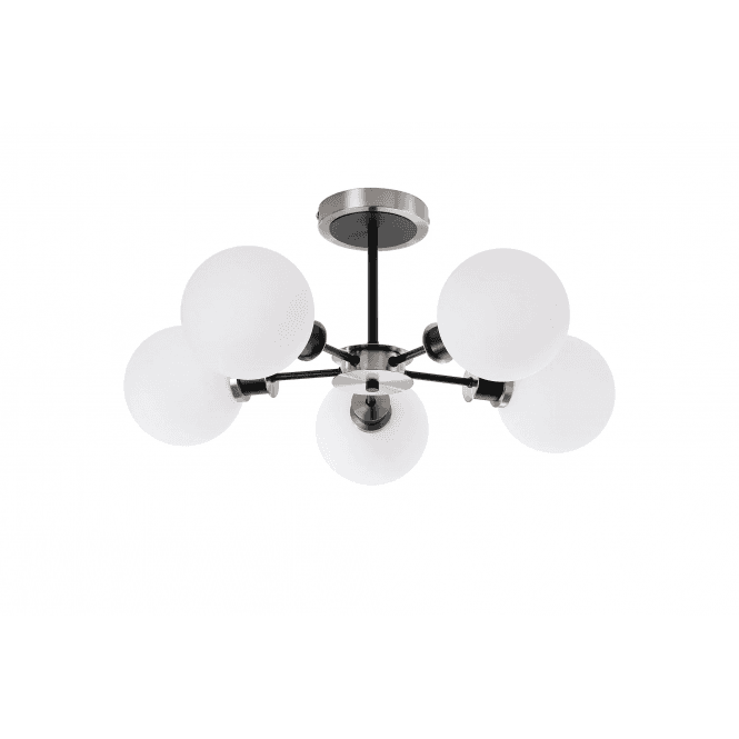 Mingle 5 Light IP44 Semi-Flush in Satin Nickel & Satin Black with Opal Glass Shades