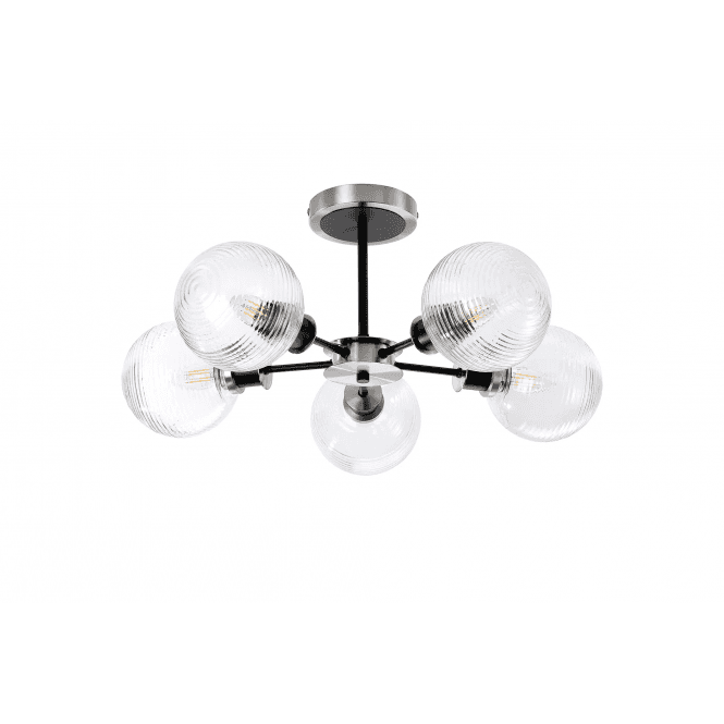 Mingle 5 Light IP44 Semi-Flush in Satin Nickel & Satin Black with Ribbed Clear Glass Shades