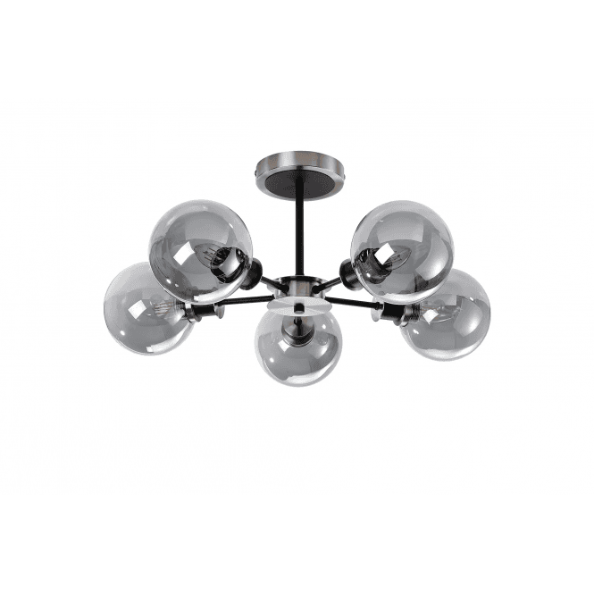 Mingle 5 Light IP44 Semi-Flush in Satin Nickel & Satin Black with Smoke Plated Glass Shades