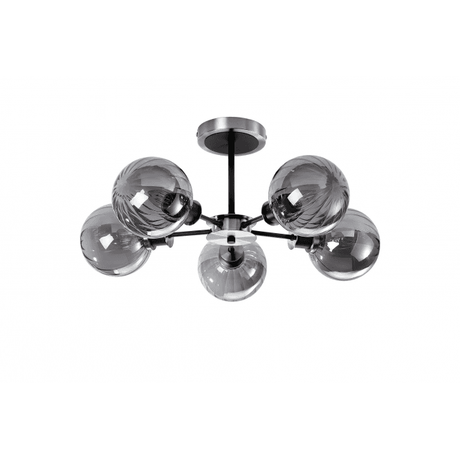 Mingle 5 Light IP44 Semi-Flush in Satin Nickel & Satin Black with Smoke Plated Segment Glass Shades