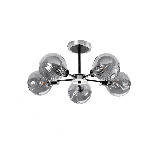 Mingle 5 Light IP44 Semi-Flush in Satin Nickel & Satin Black with Smoke Plated Smooth/Ribbed Glass Shades