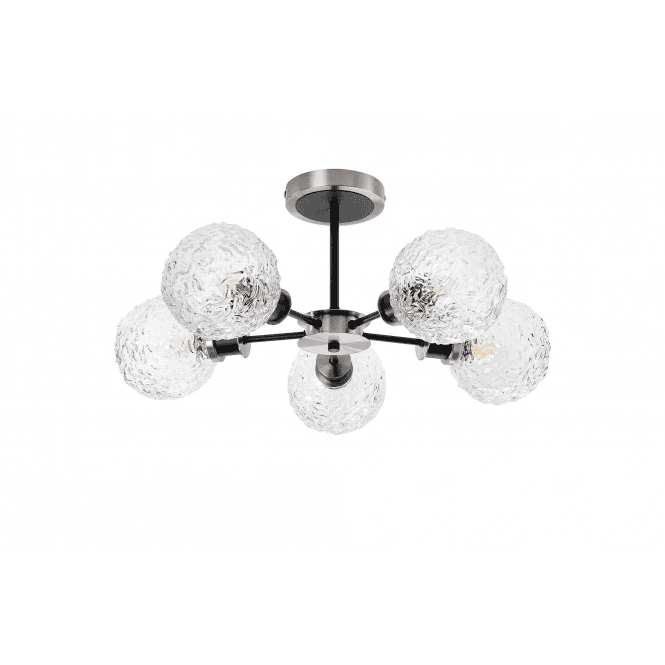 Mingle 5 Light IP44 Semi-Flush in Satin Nickel & Satin Black with Textured Crumple Clear Glass Shades