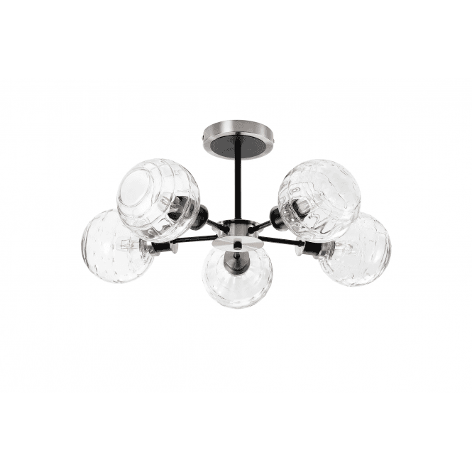 Mingle 5 Light IP44 Semi-Flush in Satin Nickel & Satin Black with Textured Melting Clear Glass Shades