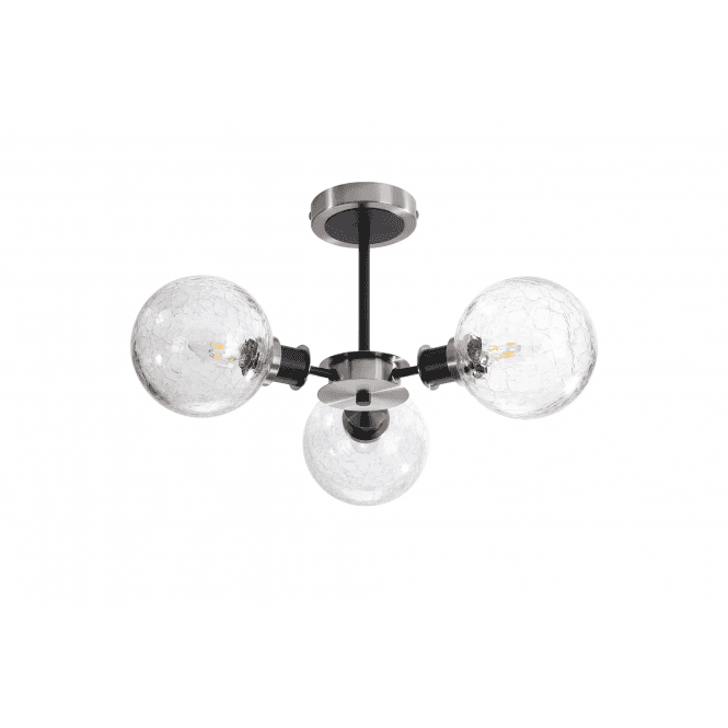 Mingle IP20 3 Light Semi-Flush in Satin Nickel & Satin Black with Crackled Clear Glass Shades