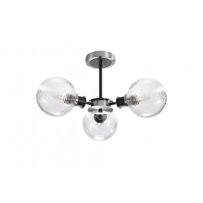 Mingle IP20 3 Light Semi-Flush in Satin Nickel & Satin Black with Ribbed Clear Glass Shades