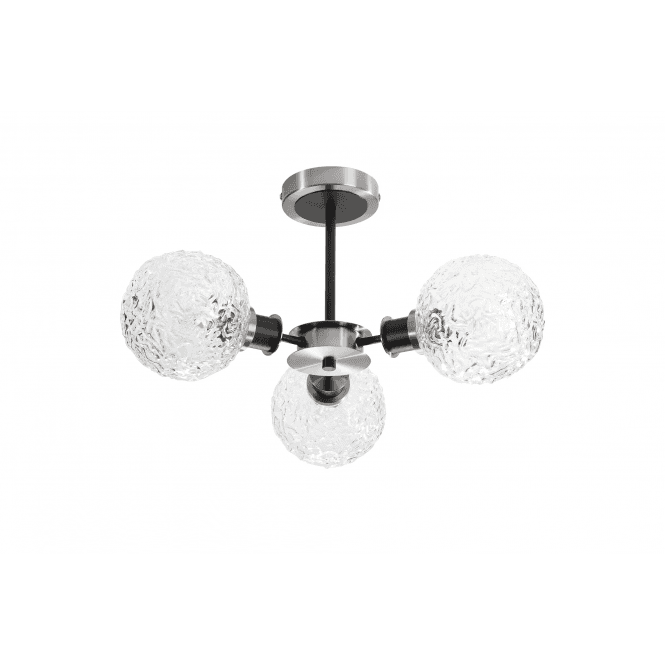 Mingle IP20 3 Light Semi-Flush in Satin Nickel & Satin Black with Textured Crumple Clear Glass Shades