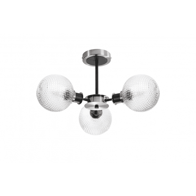 Mingle IP20 3 Light Semi-Flush in Satin Nickel & Satin Black with Textured Diamond Pattern Clear Glass Shades