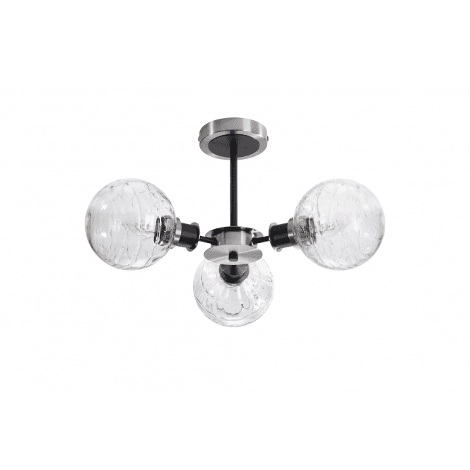 Mingle IP20 3 Light Semi-Flush in Satin Nickel & Satin Black with Textured Melting Clear Glass Shades