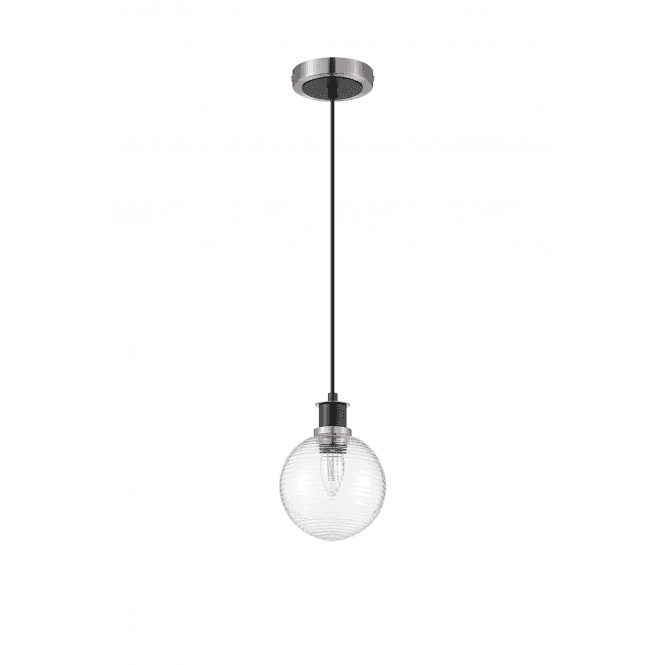 Mingle IP20 Pendant in Satin Nickel & Satin Black with 15cm Ribbed Clear Glass Shade