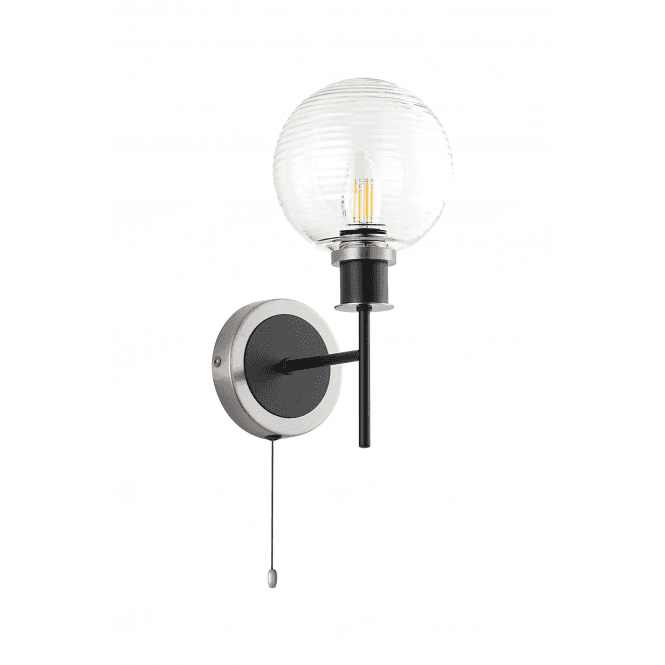 Mingle IP20 Wall Light in Satin Nickel & Satin Black with Ribbed Clear Glass Shade
