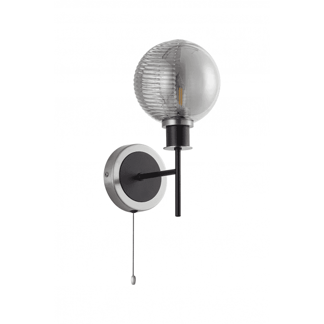 Mingle IP20 Wall Light in Satin Nickel & Satin Black with Smoke Plated Smooth/Ribbed Glass Shade
