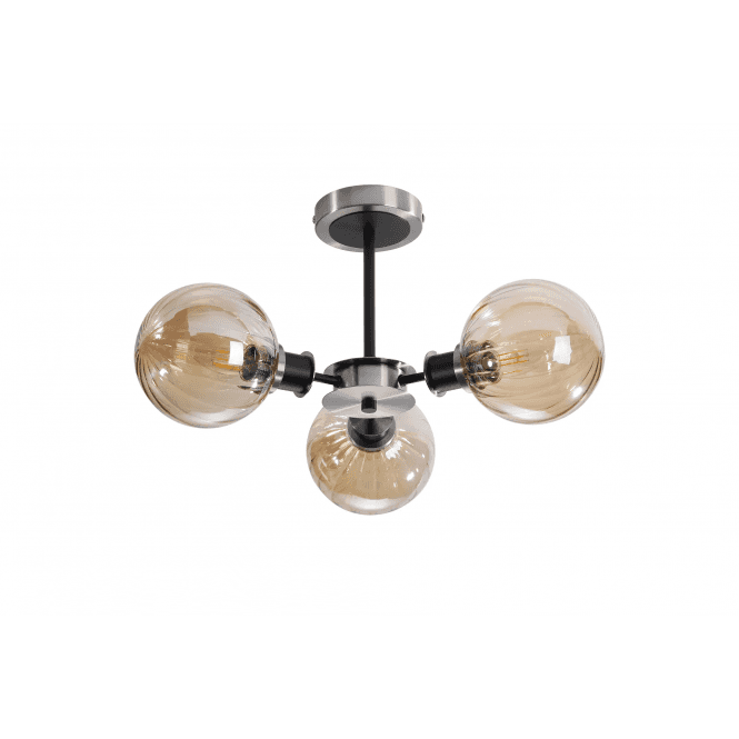 Mingle IP44 3 Light Semi-Flush in Satin Nickel & Satin Black with Amber Plated Segment Glass Shades
