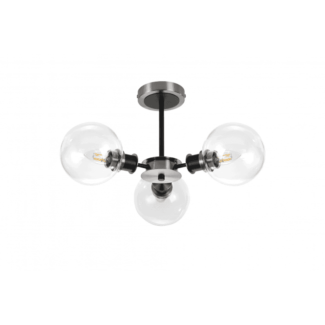 Mingle IP44 3 Light Semi-Flush in Satin Nickel & Satin Black with Clear Glass Shades