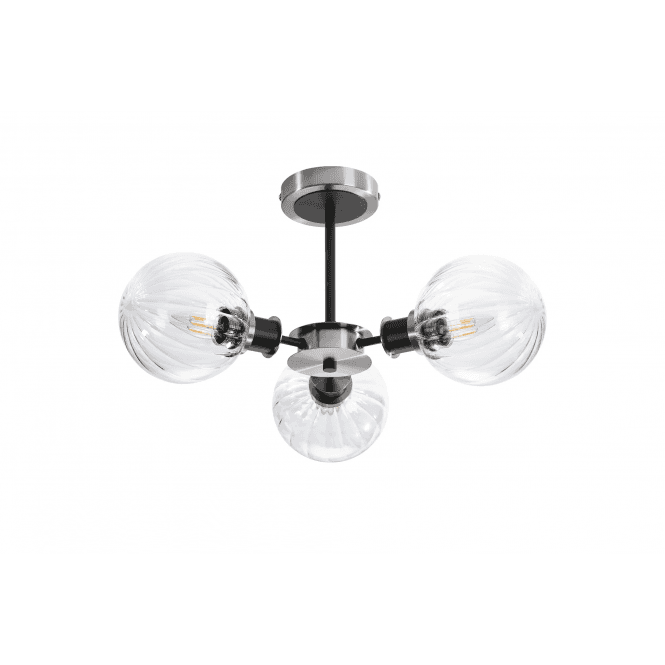 Mingle IP44 3 Light Semi-Flush in Satin Nickel & Satin Black with Clear Segment Glass Shades