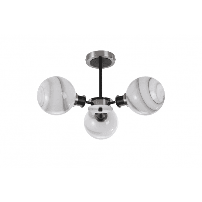 Mingle IP44 3 Light Semi-Flush in Satin Nickel & Satin Black with Marble Effect Glass Shades