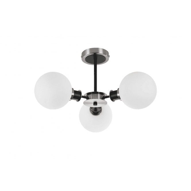 Mingle IP44 3 Light Semi-Flush in Satin Nickel & Satin Black with Opal Glass Shades
