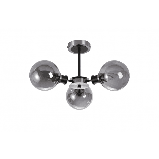 Mingle IP44 3 Light Semi-Flush in Satin Nickel & Satin Black with Smoke Plated Glass Shades