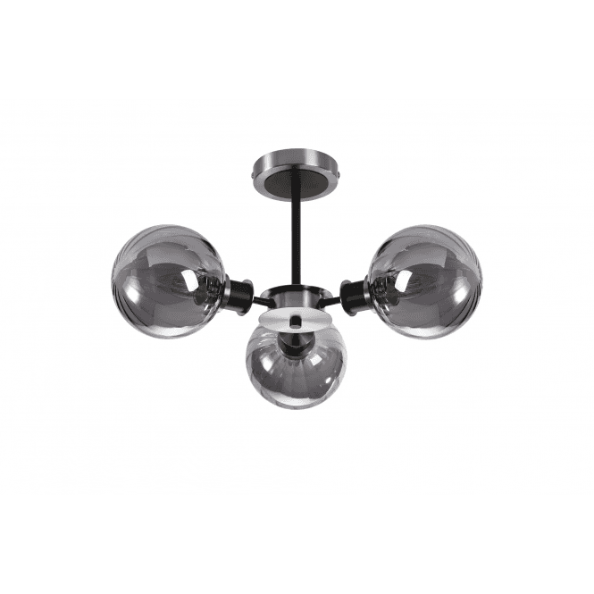 Mingle IP44 3 Light Semi-Flush in Satin Nickel & Satin Black with Smoke Plated Segment Glass Shades