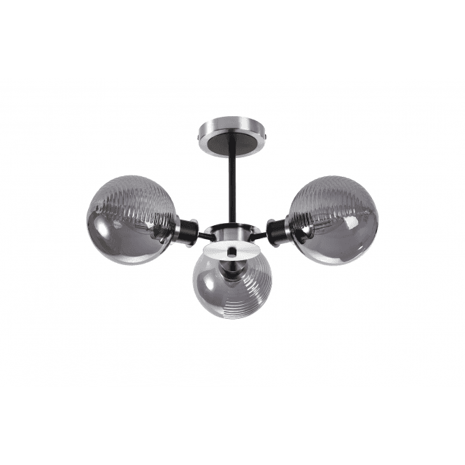 Mingle IP44 3 Light Semi-Flush in Satin Nickel & Satin Black with Smoke Plated Smooth/Ribbed Glass Shades