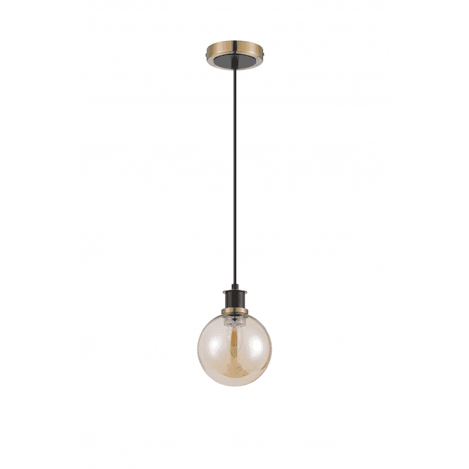 Mingle IP44 Pendant in Brass & Satin Black with 15cm Amber Plated Glass Shade