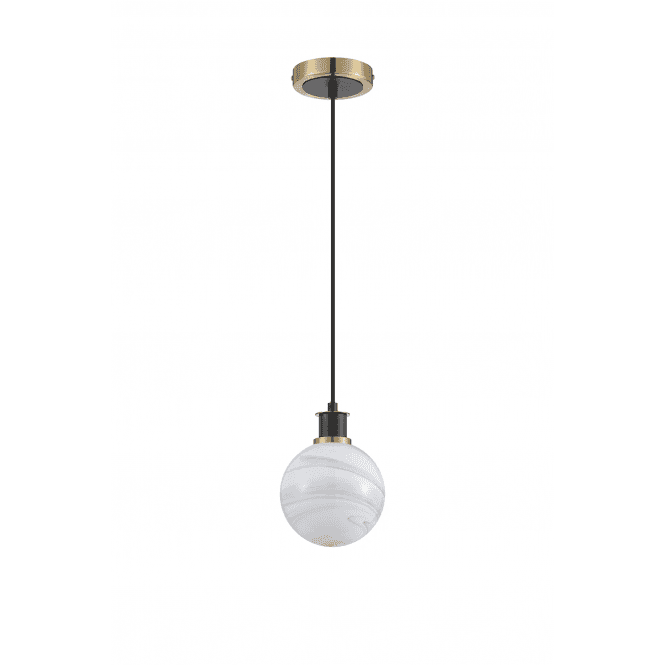 Mingle IP44 Pendant in Brass & Satin Black with 15cm Grey Marble Effect Glass Shade