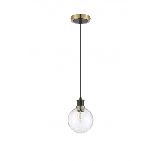 Mingle IP44 Pendant in Brass & Satin Black with 15cm Ribbed Clear Glass Shade