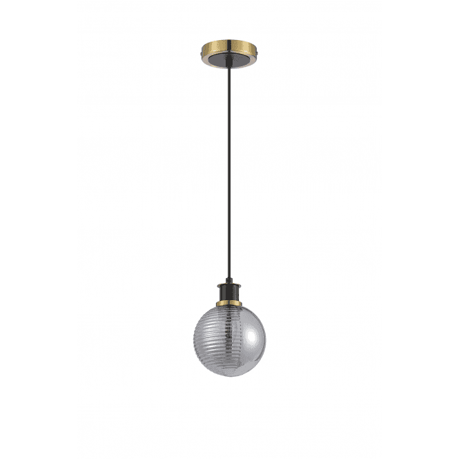 Mingle IP44 Pendant in Brass & Satin Black with 15cm Smoke Plated Ribbed/Smooth Glass Shade
