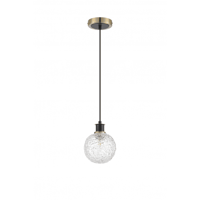 Mingle IP44 Pendant in Brass & Satin Black with 15cm Textured Crumple Clear Glass Shade