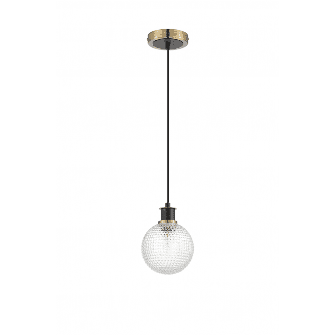 Mingle IP44 Pendant in Brass & Satin Black with 15cm Textured Diamond Pattern Clear Glass Shade