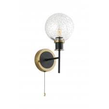 single wall light in brass and black with round crackled clear glass shade