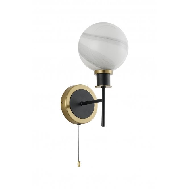 Mingle IP44 Wall Light in Brass & Satin Black with Marble Effect Glass Shade